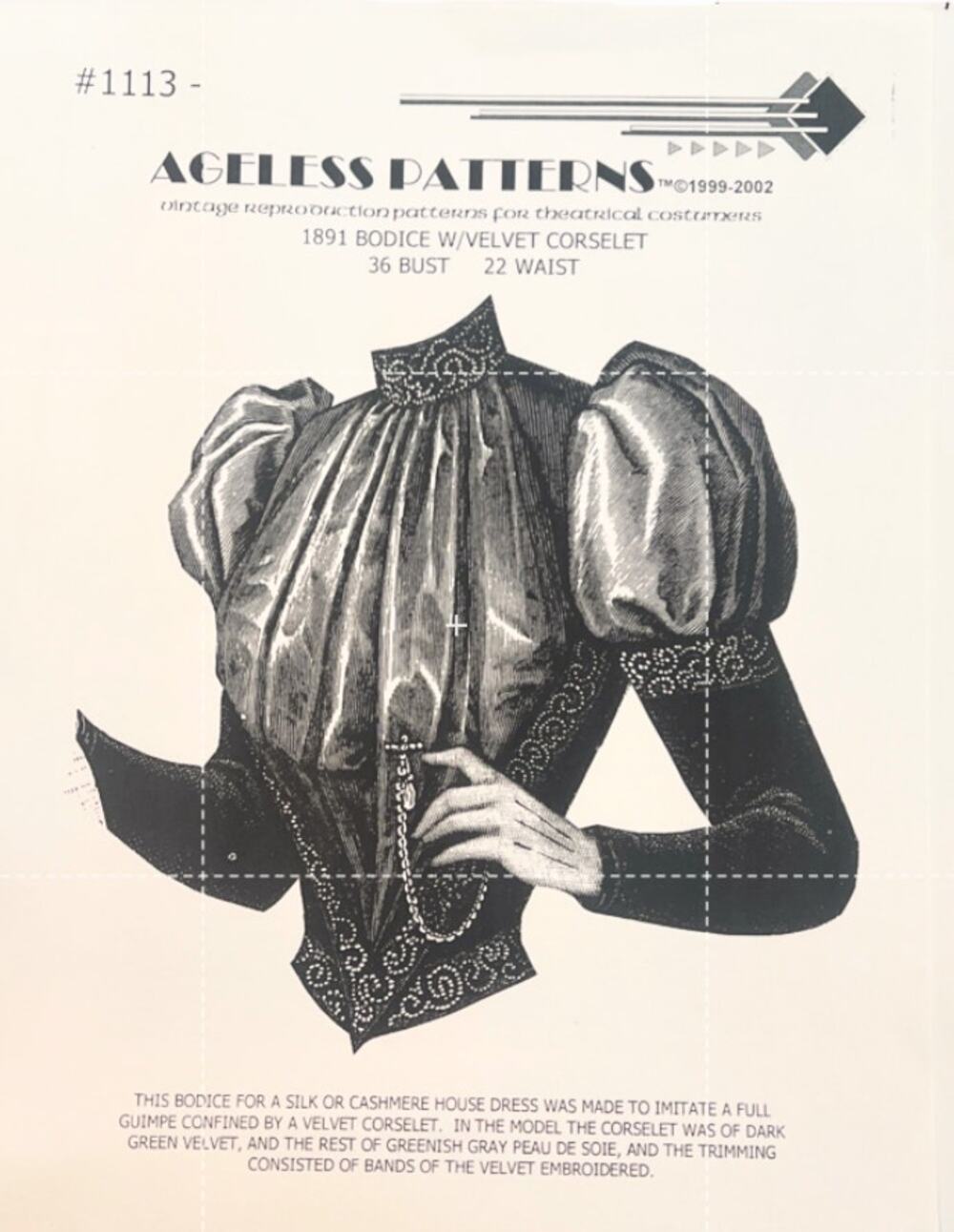 Ageless Patterns 1891 Bodice Velvet Corselet 36” Bust 22” Waist Victorian 1113